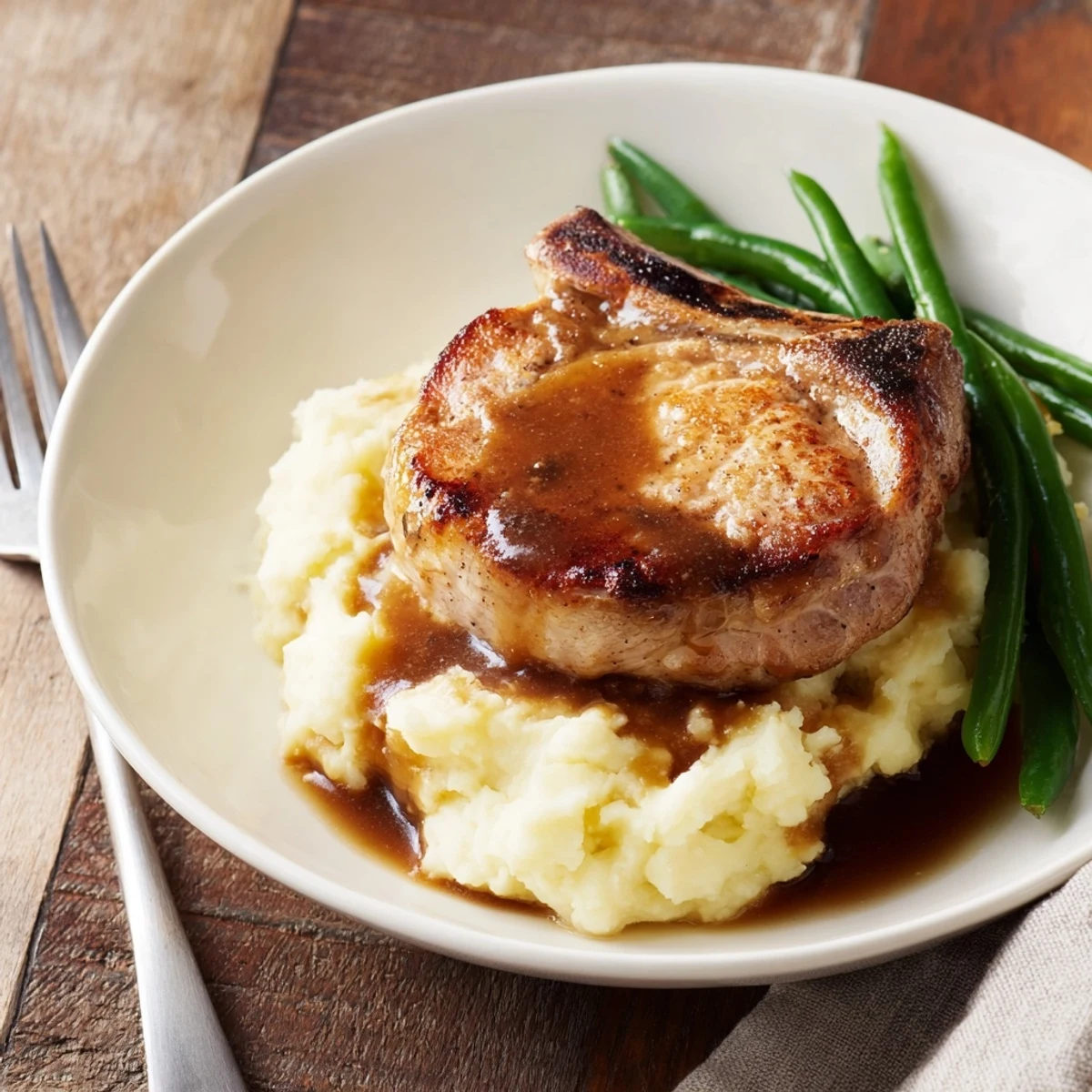 Juicy pork chops nestled on creamy cheddar mash, drizzled with savory pan gravy.  