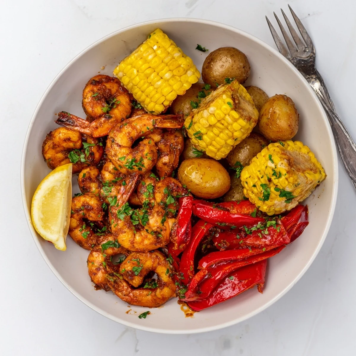 Spicy Cajun Shrimp & Sweet Corn Platter garnished with parsley and served with lemon.