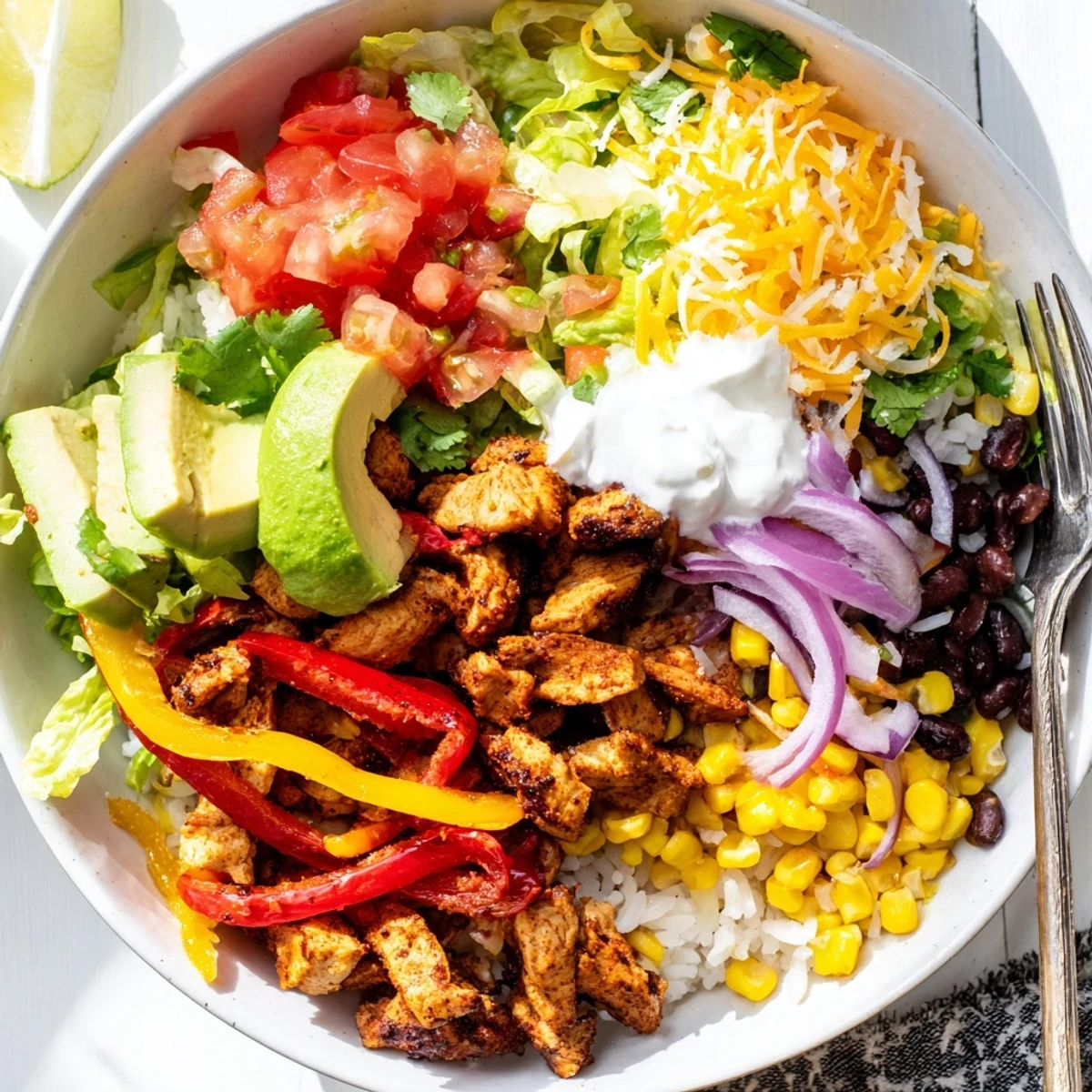 Deliciously spiced Sheet Pan Chicken Burrito Bowls served with fresh avocado and lime.  