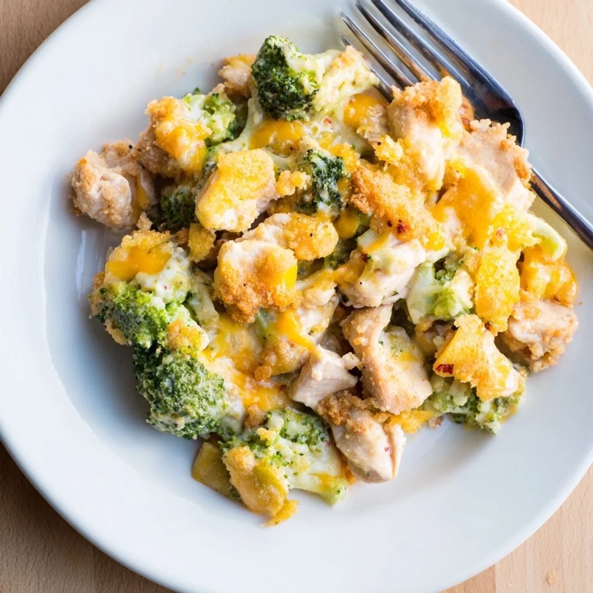 Delicious Chicken & Broccoli Cheddar Bake served hot, bursting with cheesy goodness.  