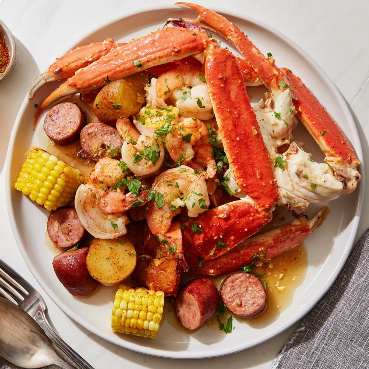 Colorful Southern seafood boil featuring tender potatoes and sweet corn, ready to enjoy.