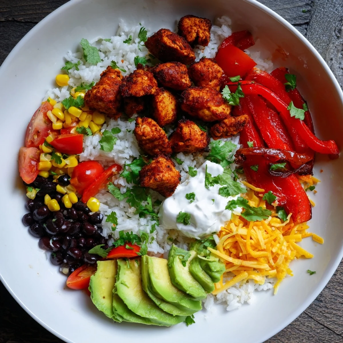 Sheet Pan Chicken Burrito Bowls, sizzling with roasted vegetables and seasoned chicken, ready to eat.