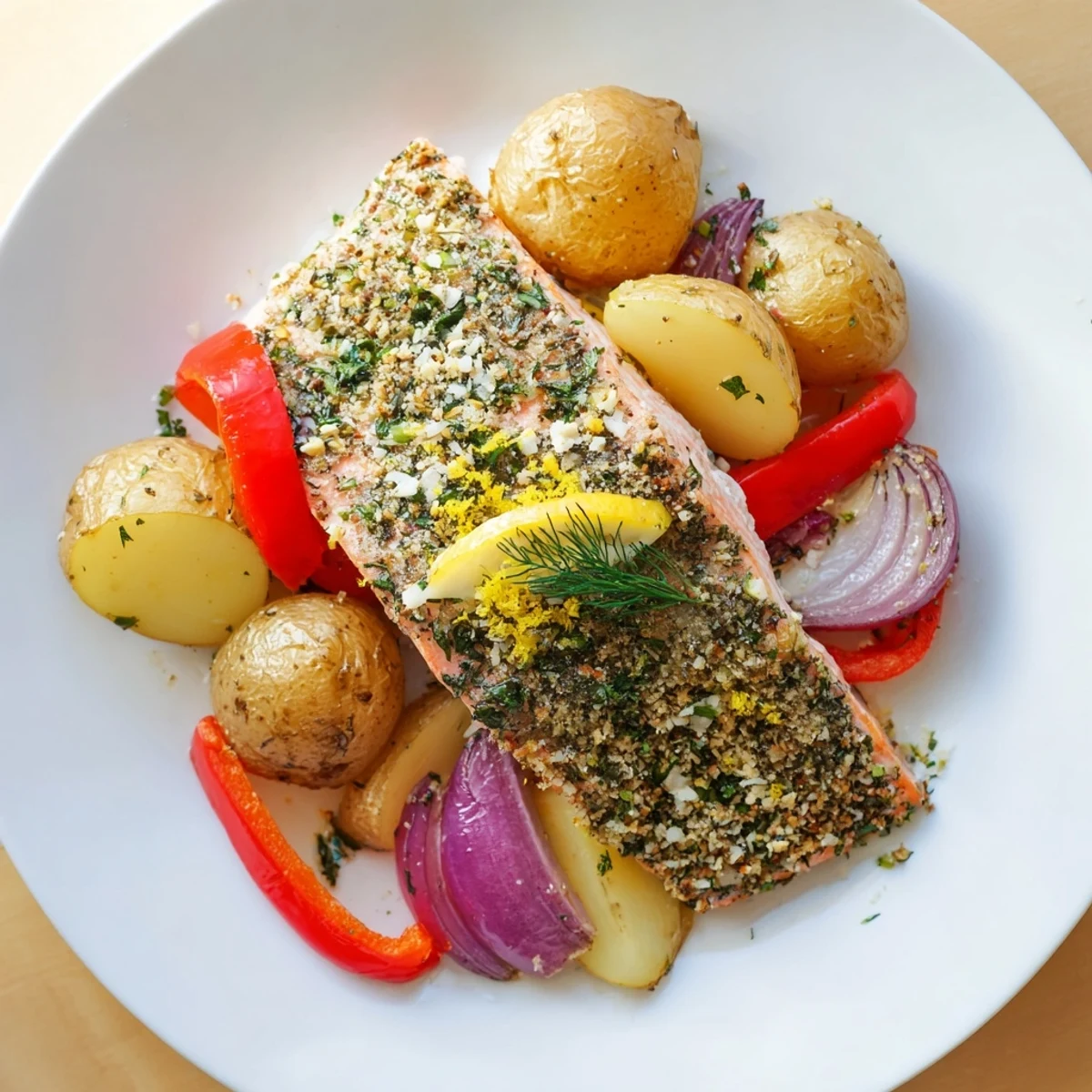 Golden-brown Lemon Herb Salmon & Potato Sheet Pan with flaky salmon and roasted vegetables.