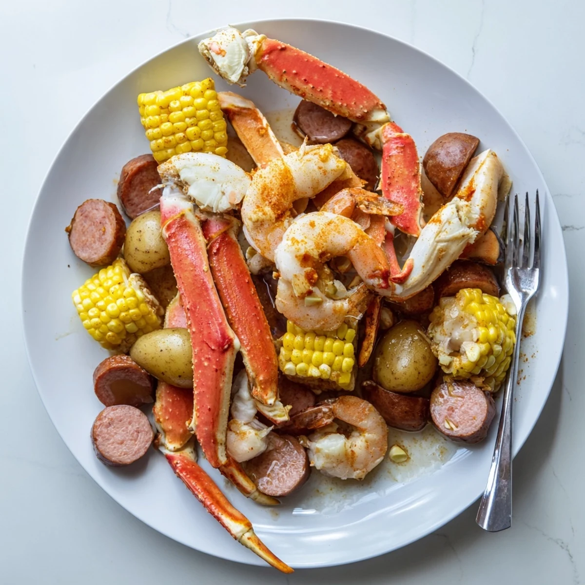 Enjoy a steaming platter of Seafood Boil, featuring crab, shrimp, sausage, and corn.