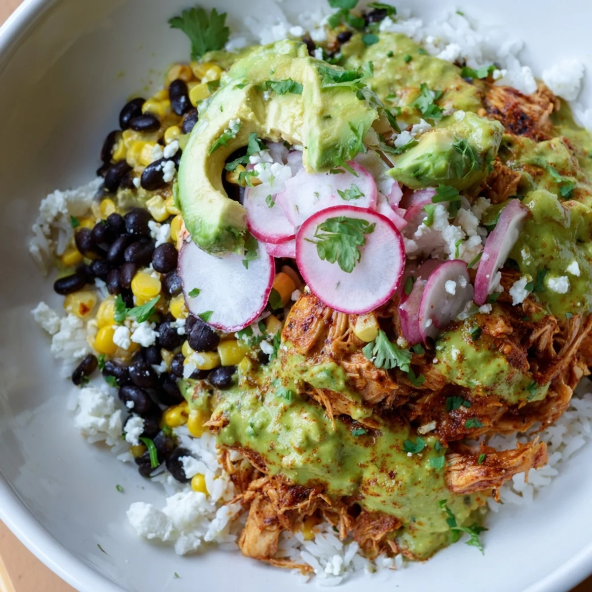 Fluffy rice bowls layered with chicken and zesty green enchilada sauce, Tex-Mex delight.