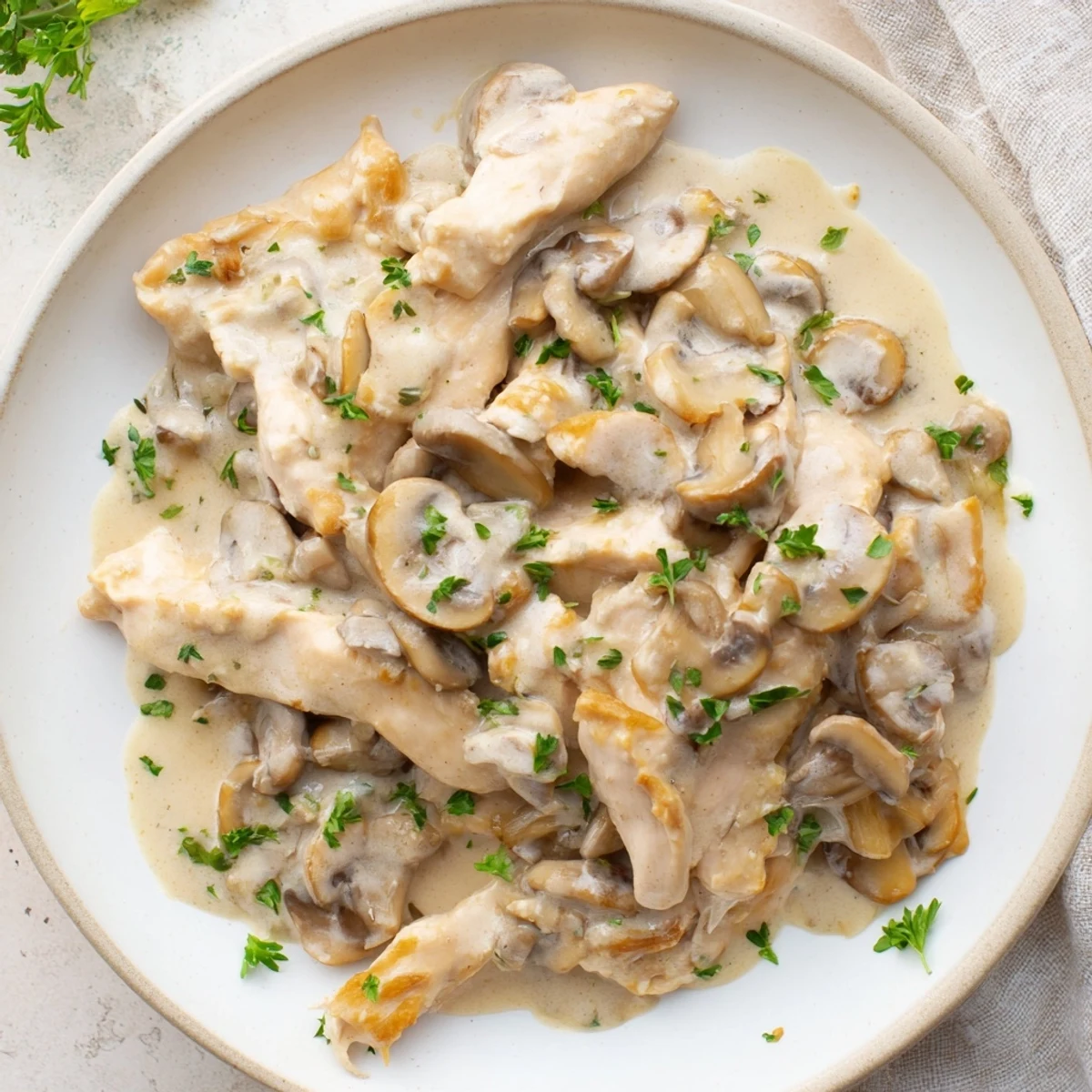 Tender Creamy Chicken Stroganoff over egg noodles, steaming hot and ready to eat, garnished with parsley.