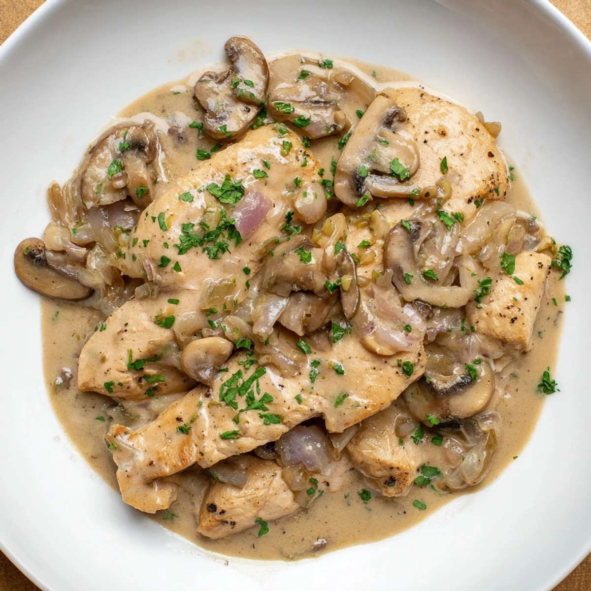 A close-up of rich, golden Creamy Chicken Stroganoff in a skillet, perfect for a cozy dinner.