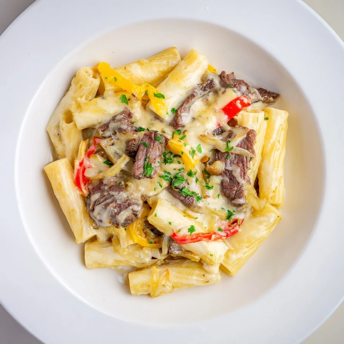 Close-up of creamy Philly Cheesesteak Pasta, a rich and inviting American comfort food dish.
