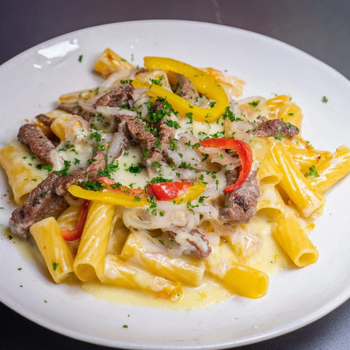 A steaming bowl of Philly Cheesesteak Pasta, with tender beef and melted cheese, perfect for dinner.