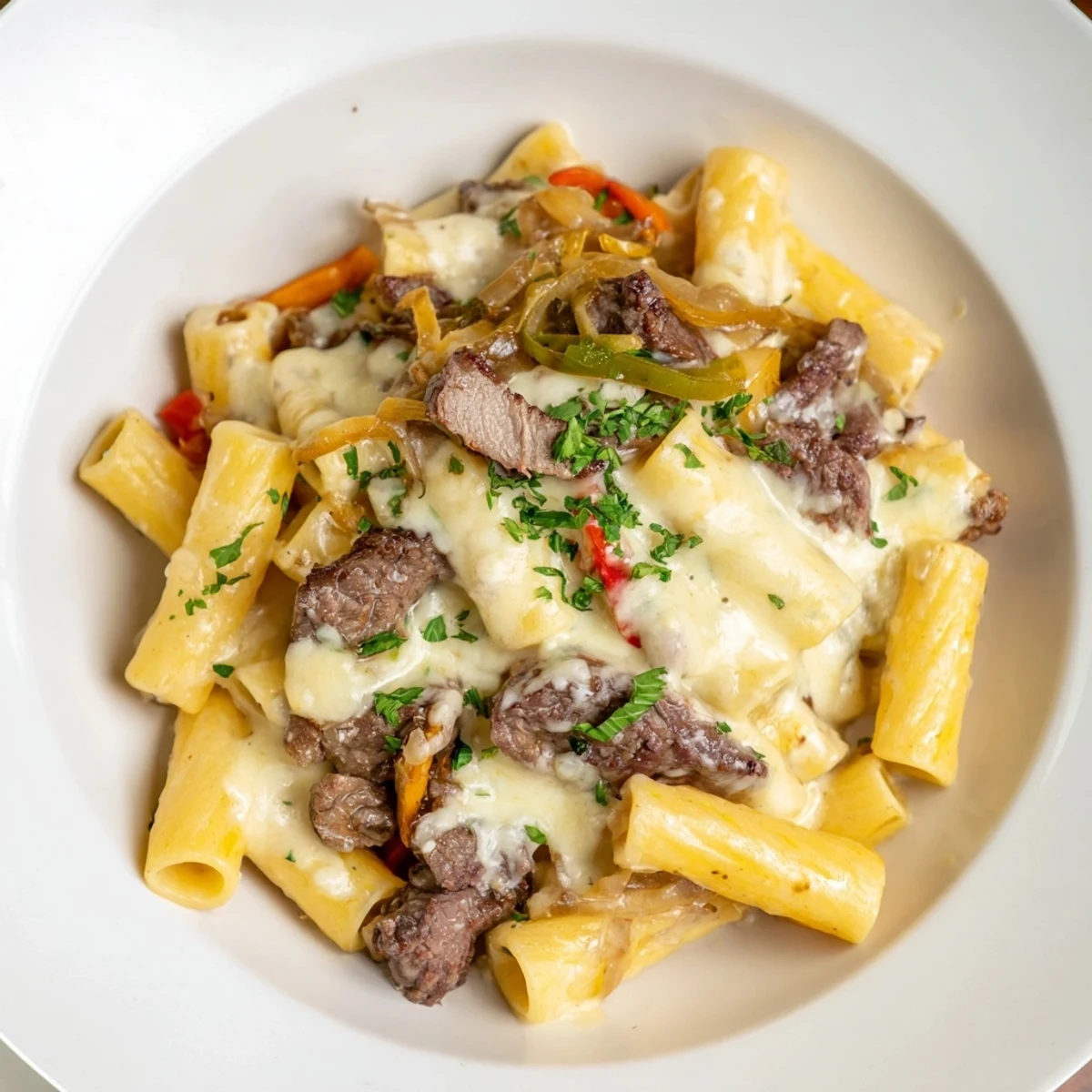 Forkful of flavorful Philly Cheesesteak Pasta, showing pasta coated in a creamy cheese sauce.