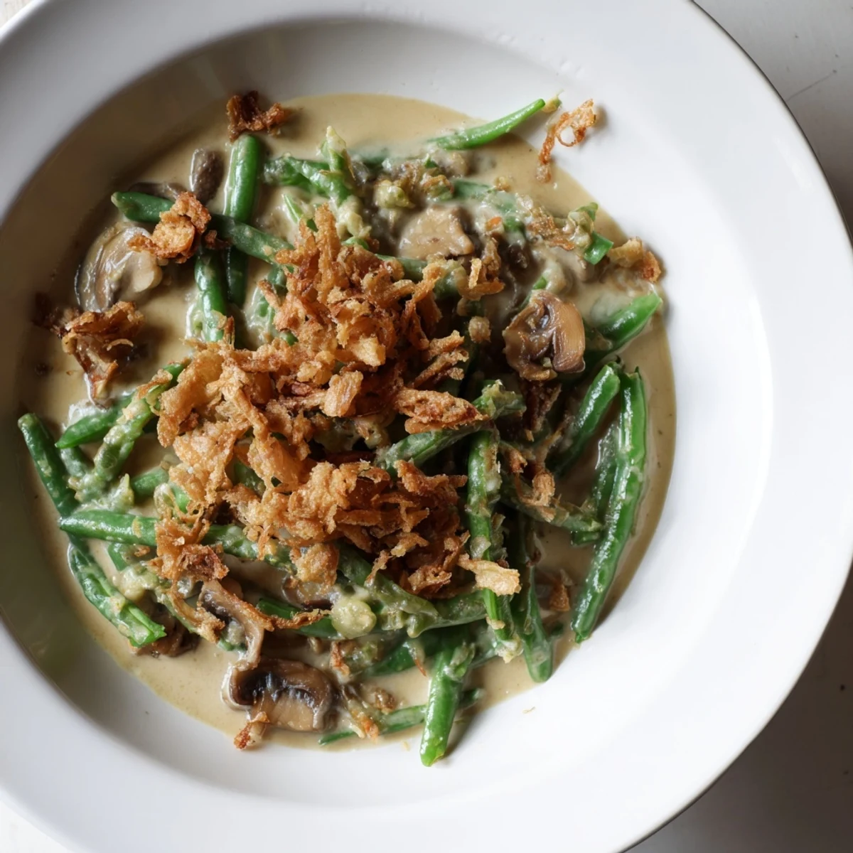 Creamy, classic Old-School Green Bean Casserole with golden crispy onions, perfect for a cozy Thanksgiving.