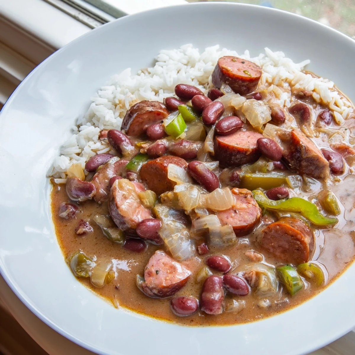 Steaming bowl of Red Beans & Rice, a Creole comfort food with savory sausage, ready to serve.