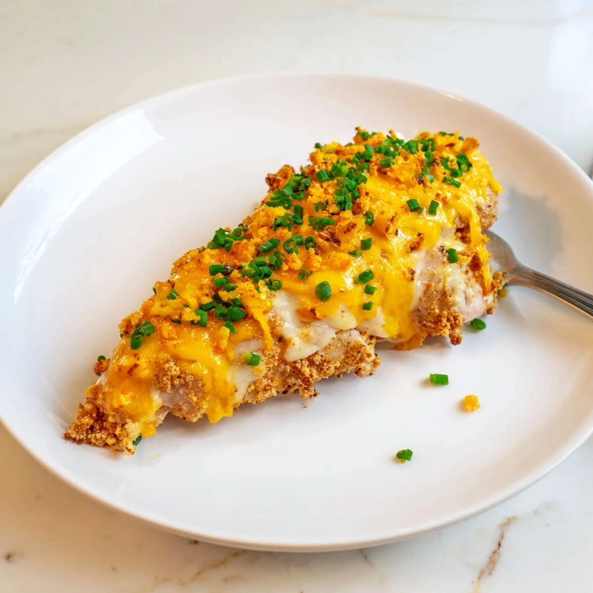 Golden-brown Cheddar Ranch Chicken Bake with bubbly cheese and juicy chicken, ready to eat.