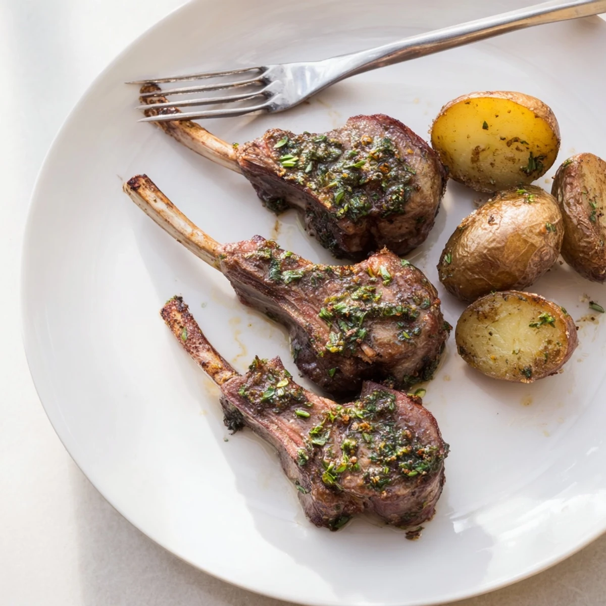 Sizzling herbed lamb chops with roasted potatoes, featuring tender meat and perfectly seasoned, golden potatoes.