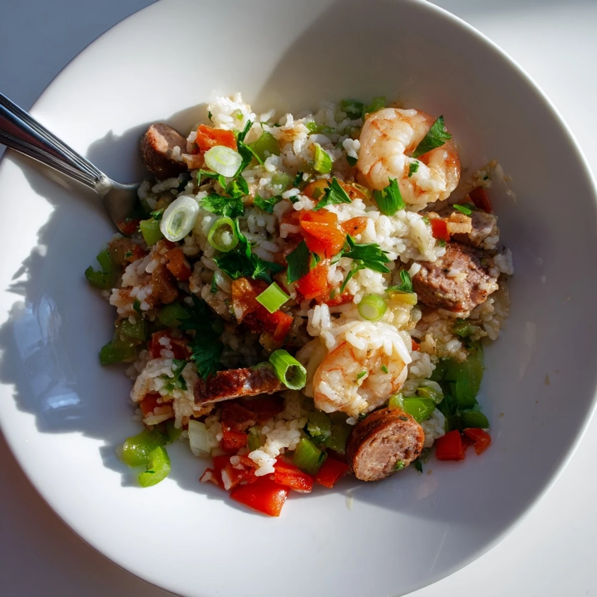 Steaming Cajun Jambalaya Rice Bowl with juicy shrimp, sausage, chicken, and colorful bell peppers.