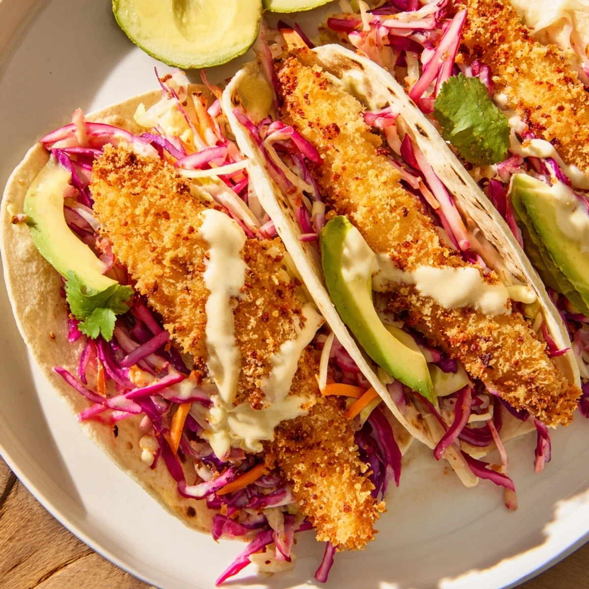 Golden, crispy fish tacos topped with cool slaw, a delightful bite of Mexican-American flavors.