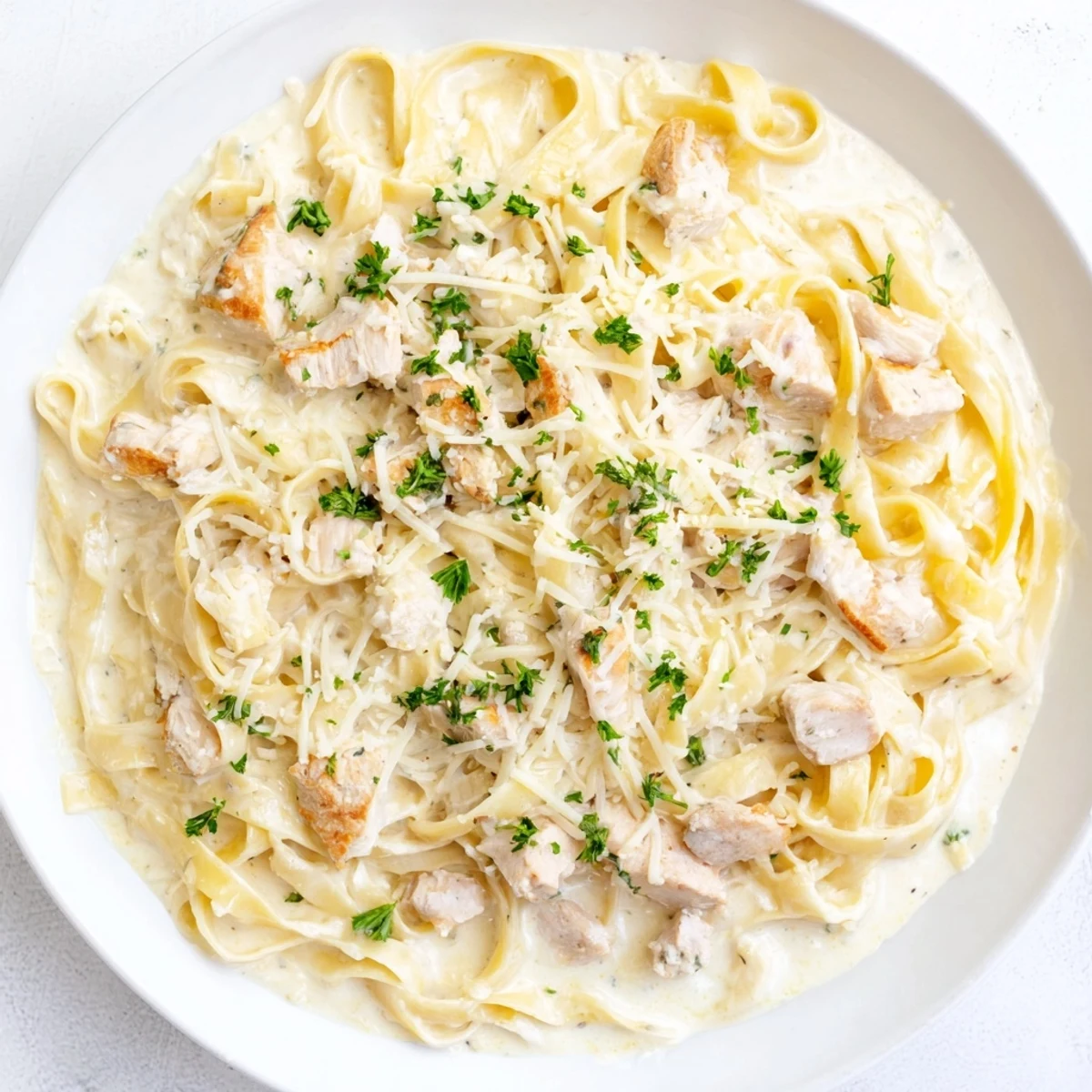 A close-up view of creamy Chicken Fettuccine Alfredo Bake, generously topped with melted cheese bubbling.