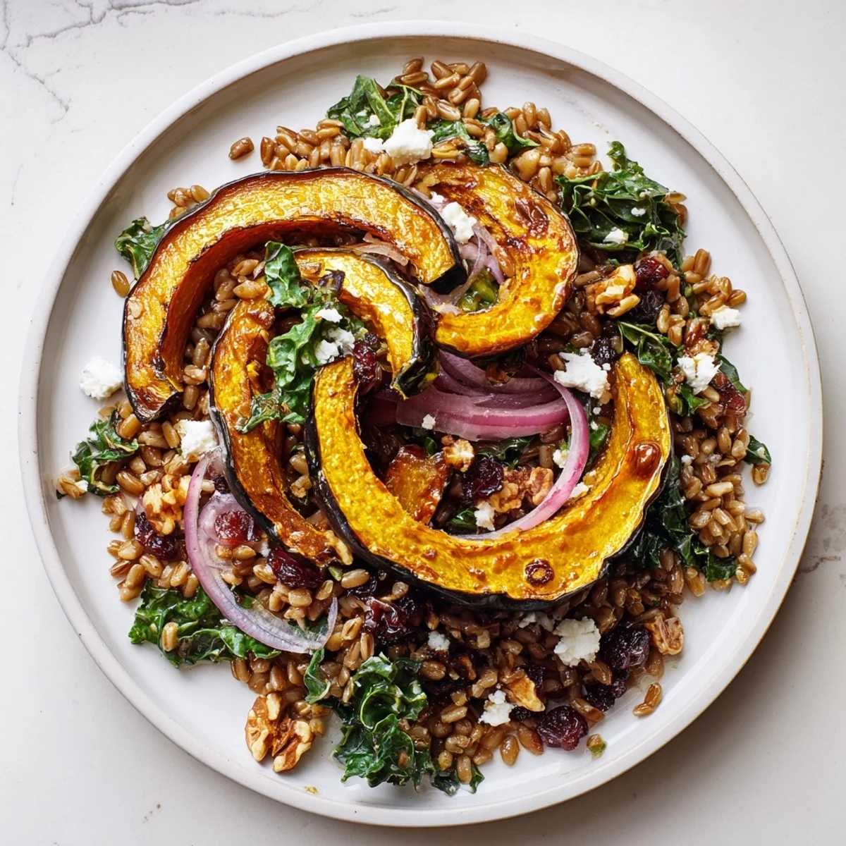 Golden roasted acorn squash slices atop a vibrant Farro & Mustard Green Salad, ready to eat.