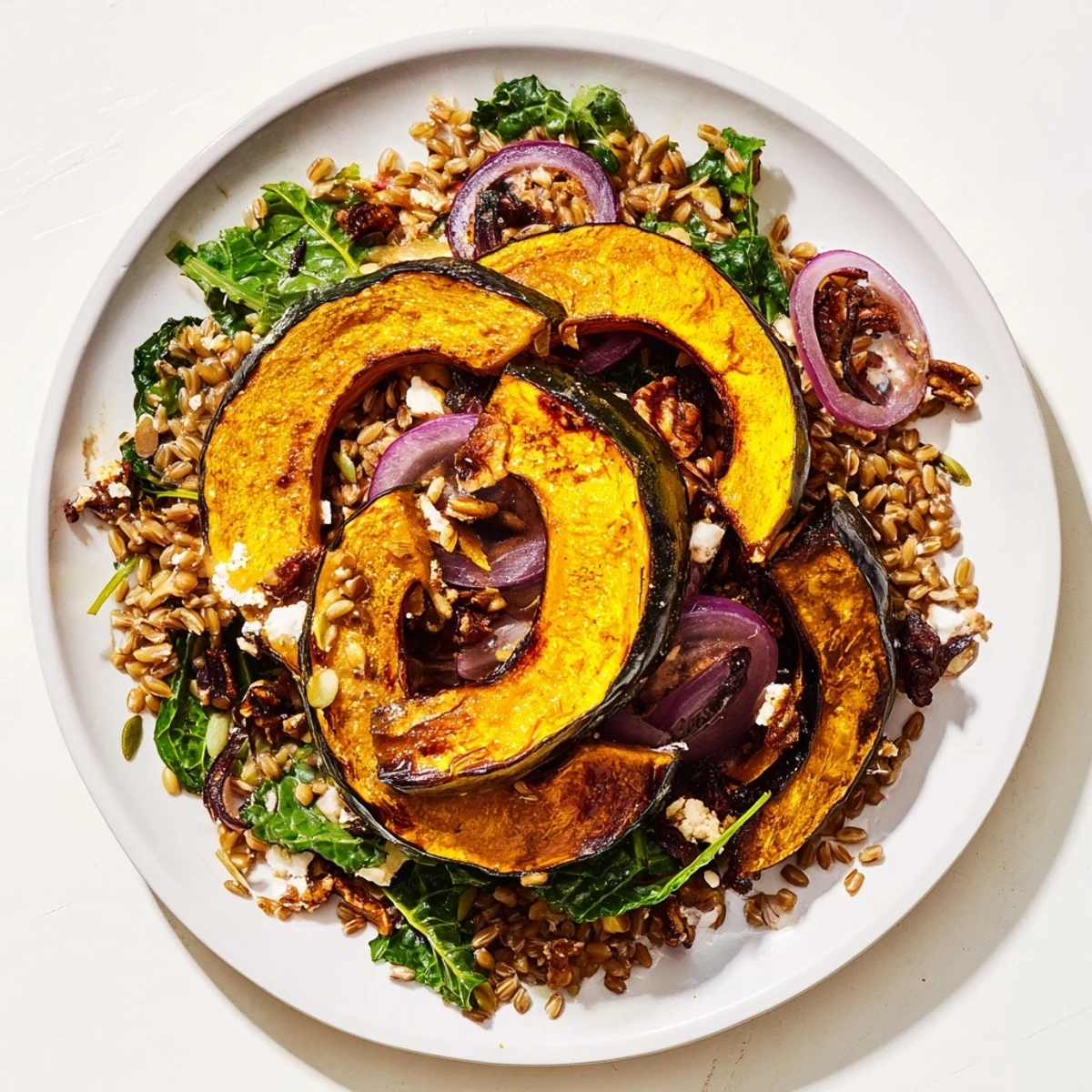 This fresh Farro & Mustard Green Salad features a sweet maple-roasted squash and creamy goat cheese.