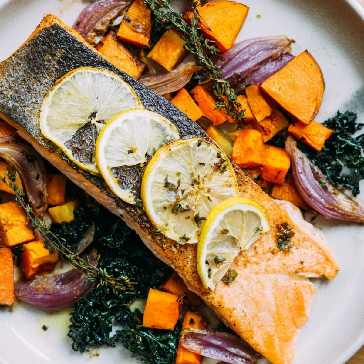 Sheet-Pan Salmon, golden-brown and flaky, rests atop roasted winter vegetables with fresh greens.