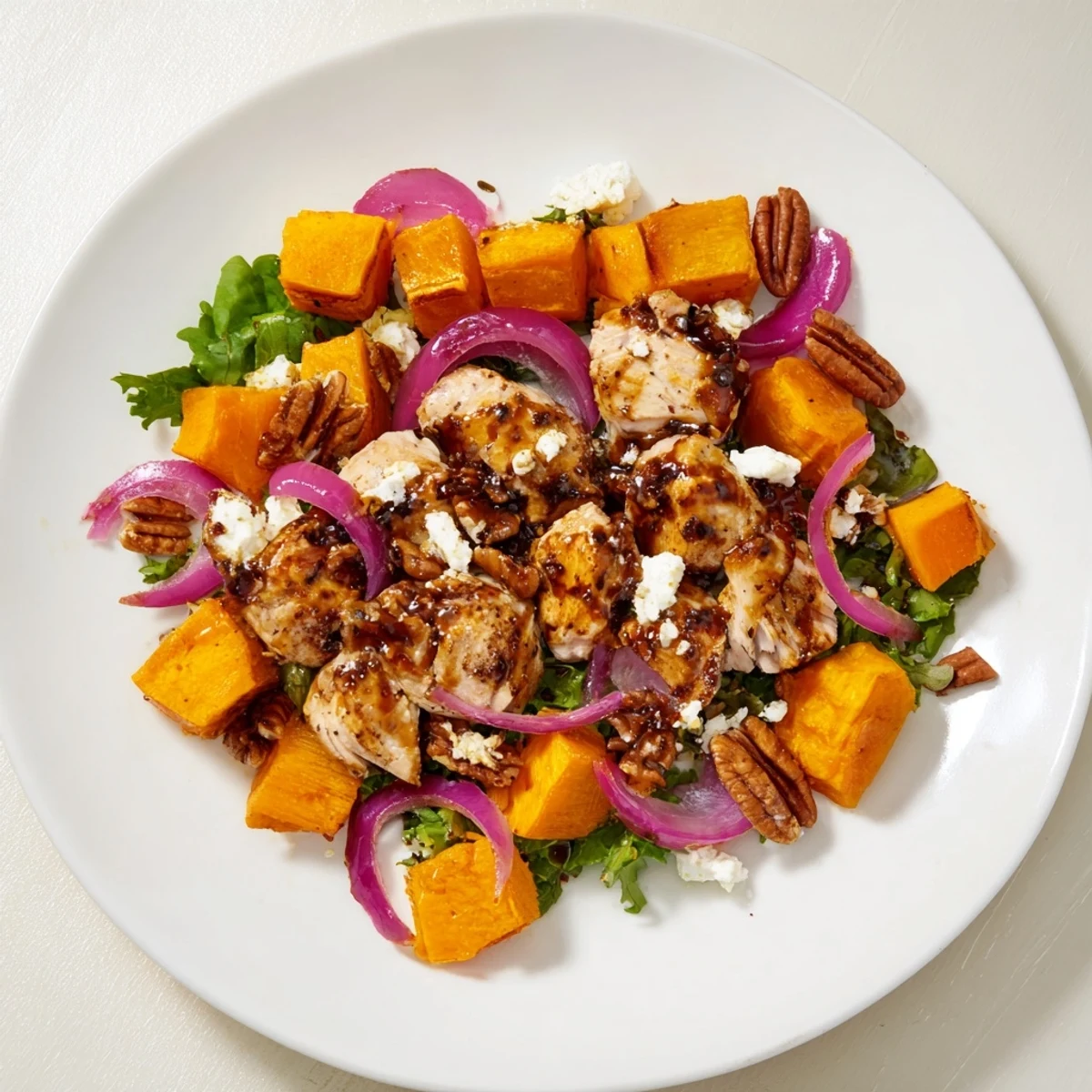 A close-up of the flavorful, gluten-free Roasted Chicken & Winter Squash Sheet-Pan Salad with pecans.