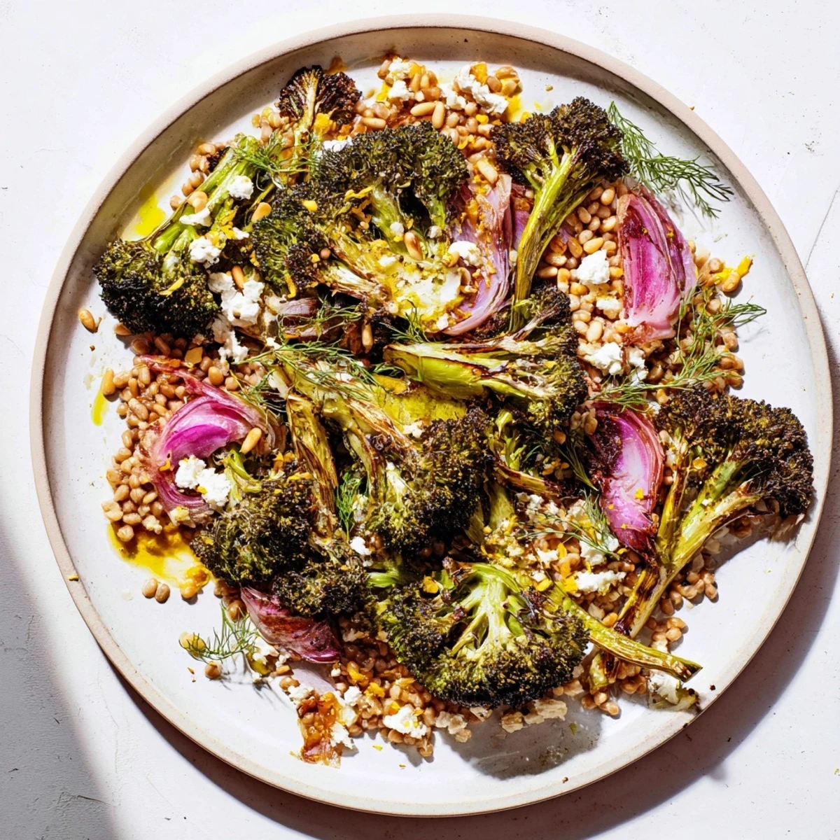 Vibrant image: Warm roasted broccoli, the featured ingredient in this farro recipe.