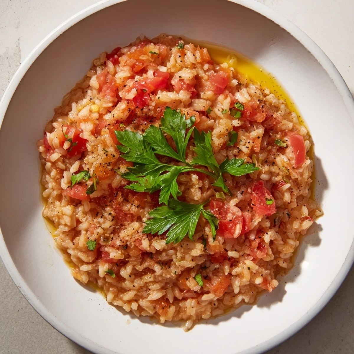 Steaming Tomato-Rice Skillet Dinner, a one-pan meal with fluffy rice and vibrant tomatoes.