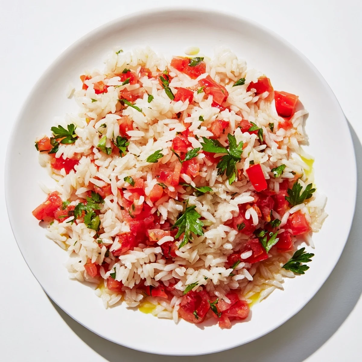 Close-up of a flavorful Tomato-Rice Skillet Dinner, garnished with fresh parsley and ready to serve.