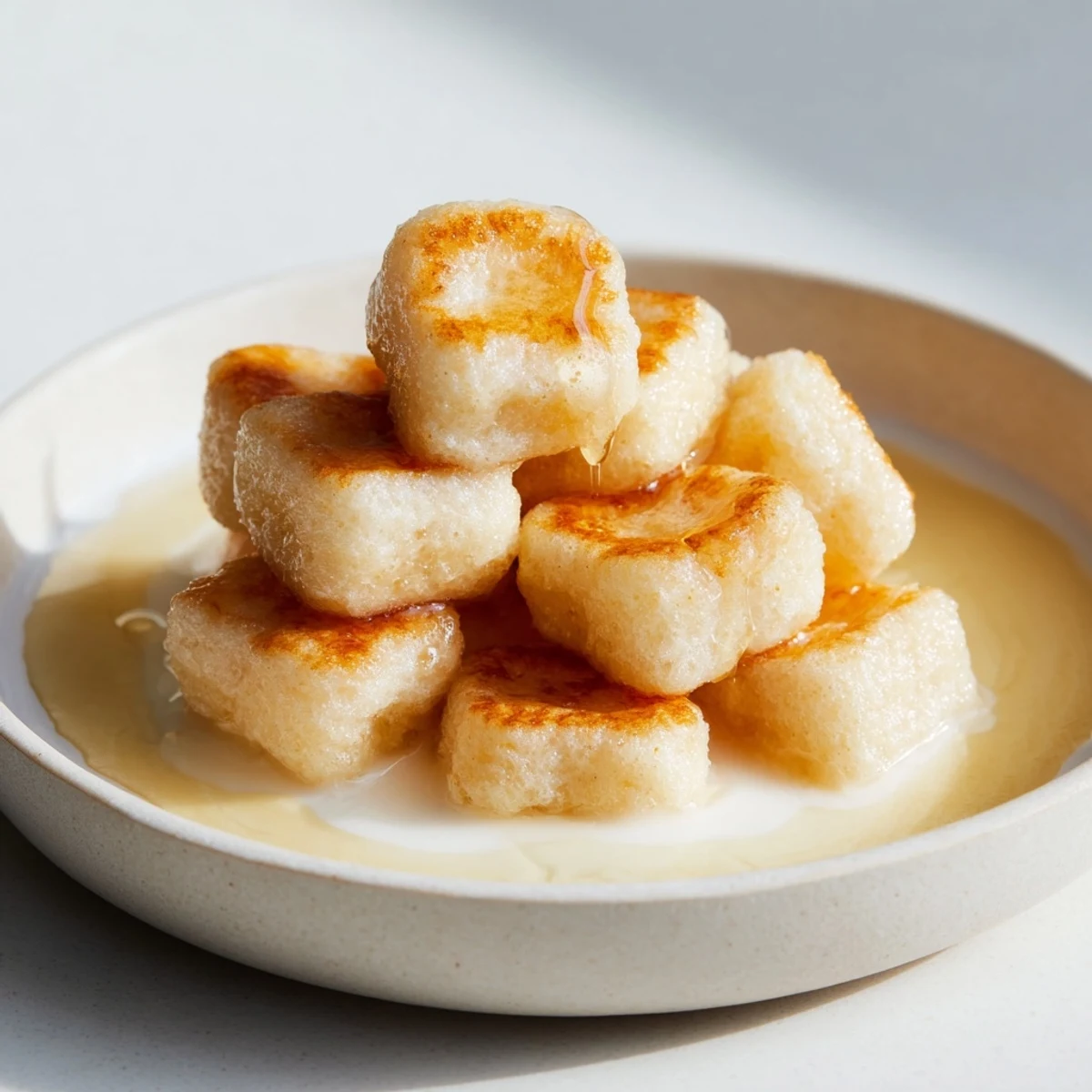 Golden-brown pancake cereal in a bowl, perfect for dipping in cold milk and drizzling with syrup.