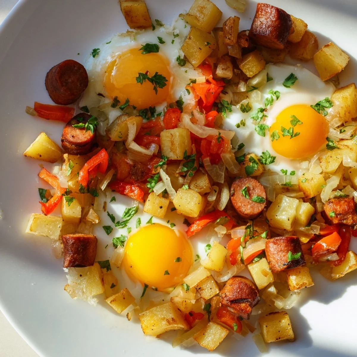 Golden, crispy Egg & Potato Hash with Hot Dogs, perfect for a quick and satisfying brunch.