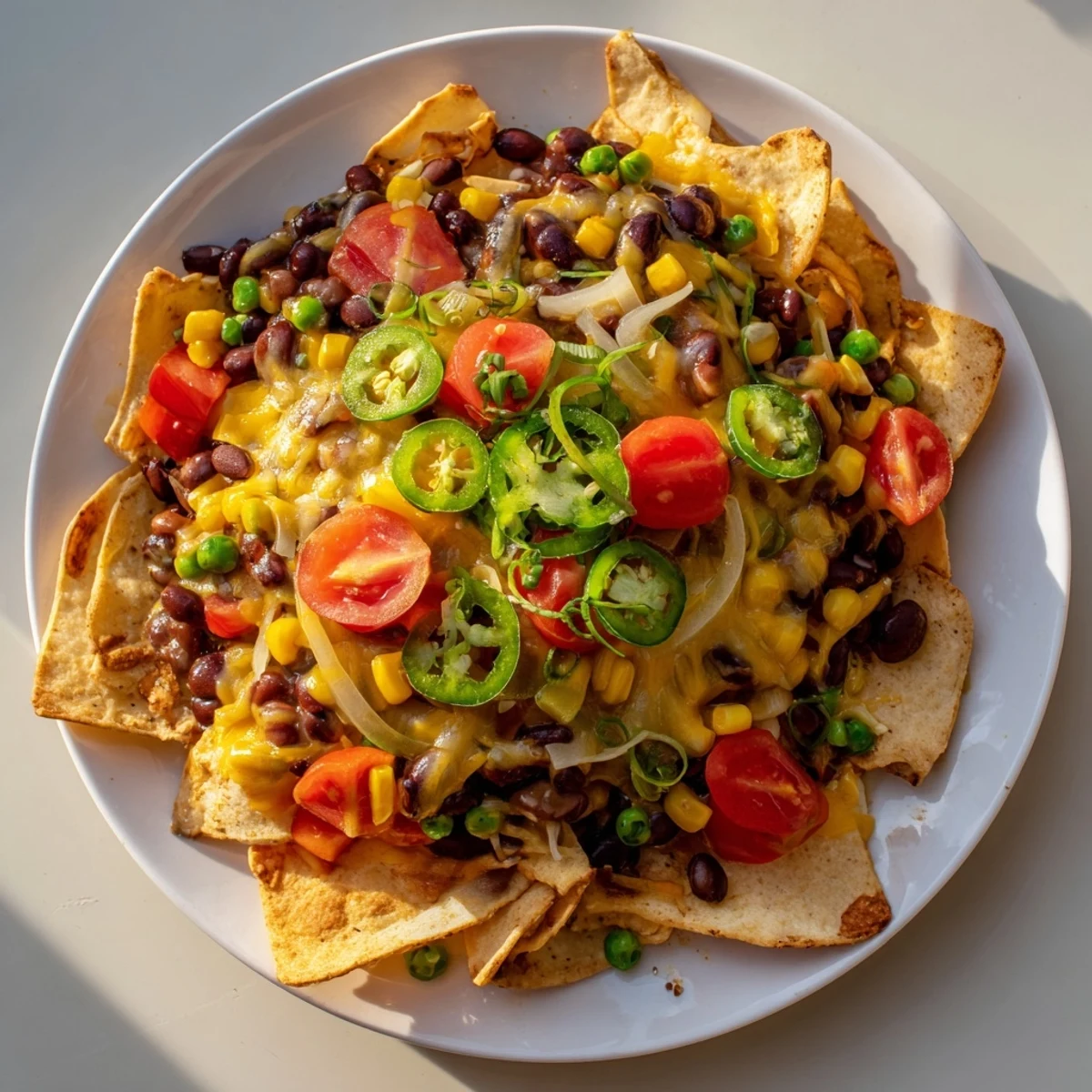 Sheet-Pan Nachos bubbling with melted cheddar over colorful beans and crisp tortilla chips.