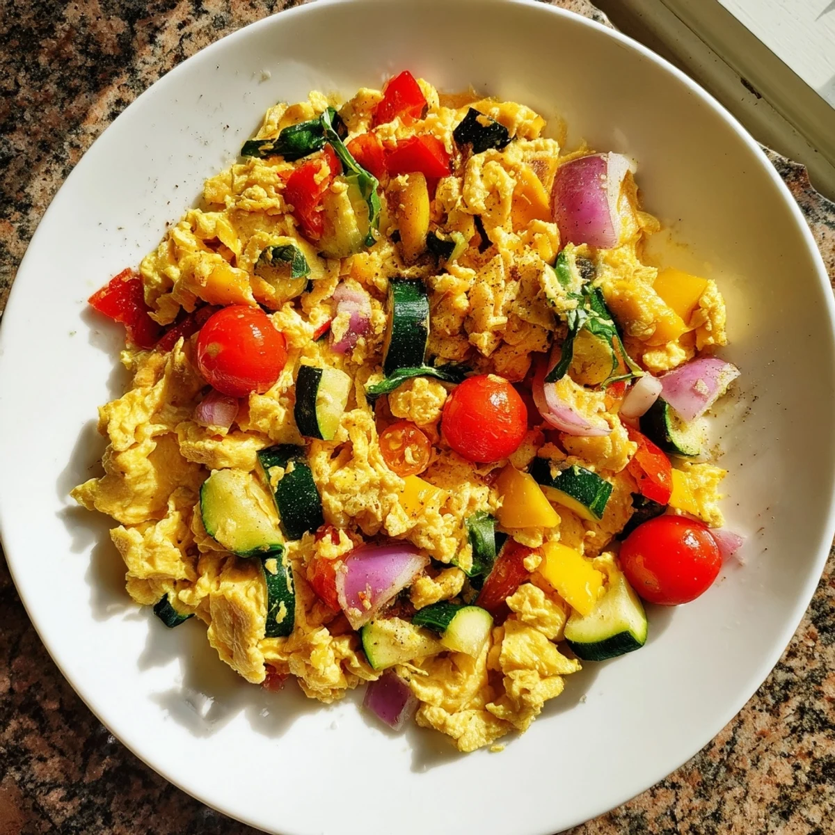 Golden, fluffy Egg & Veggie Sheet Pan Scramble with roasted vegetables, ready to serve for breakfast.