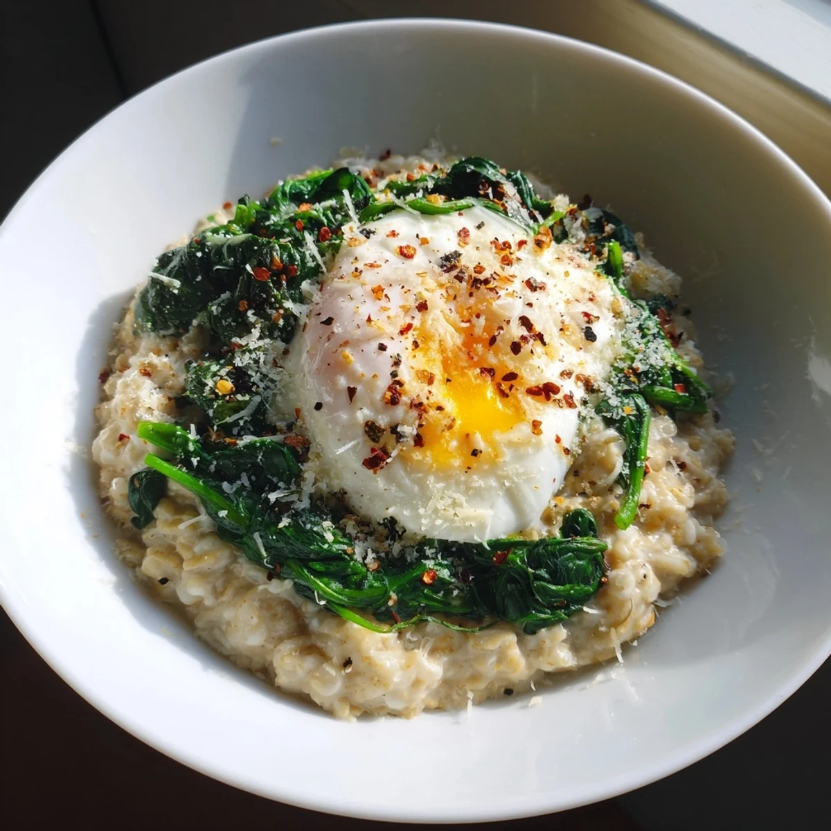 Savoury oatmeal topped with spinach and a perfectly poached egg, ready to enjoy.