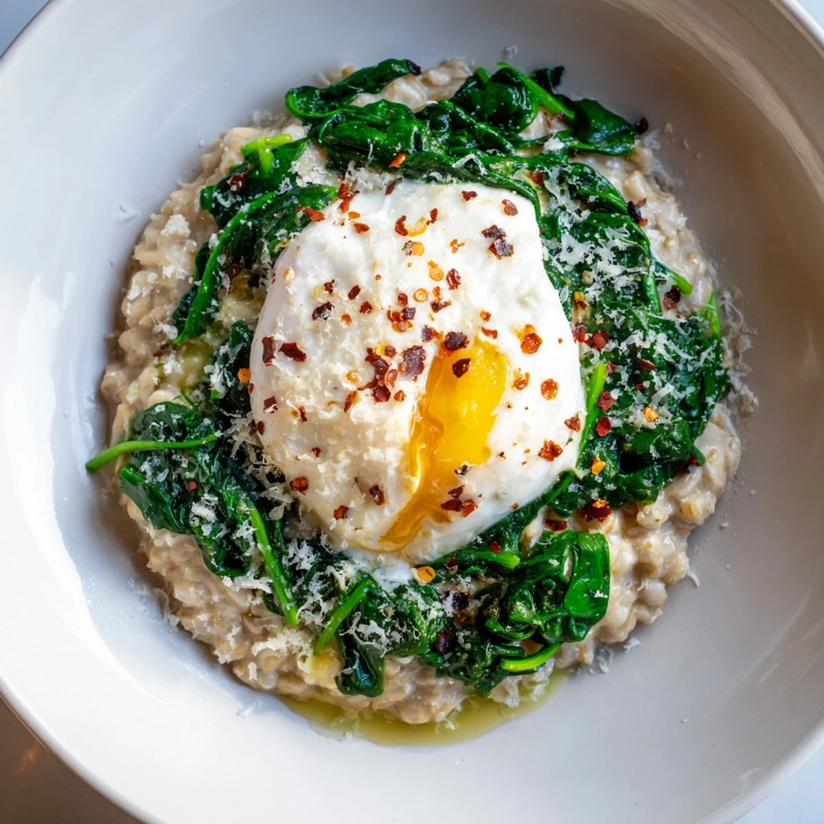 Creamy savoury oatmeal with a mix of toppings, including spinach and a lovely poached egg.