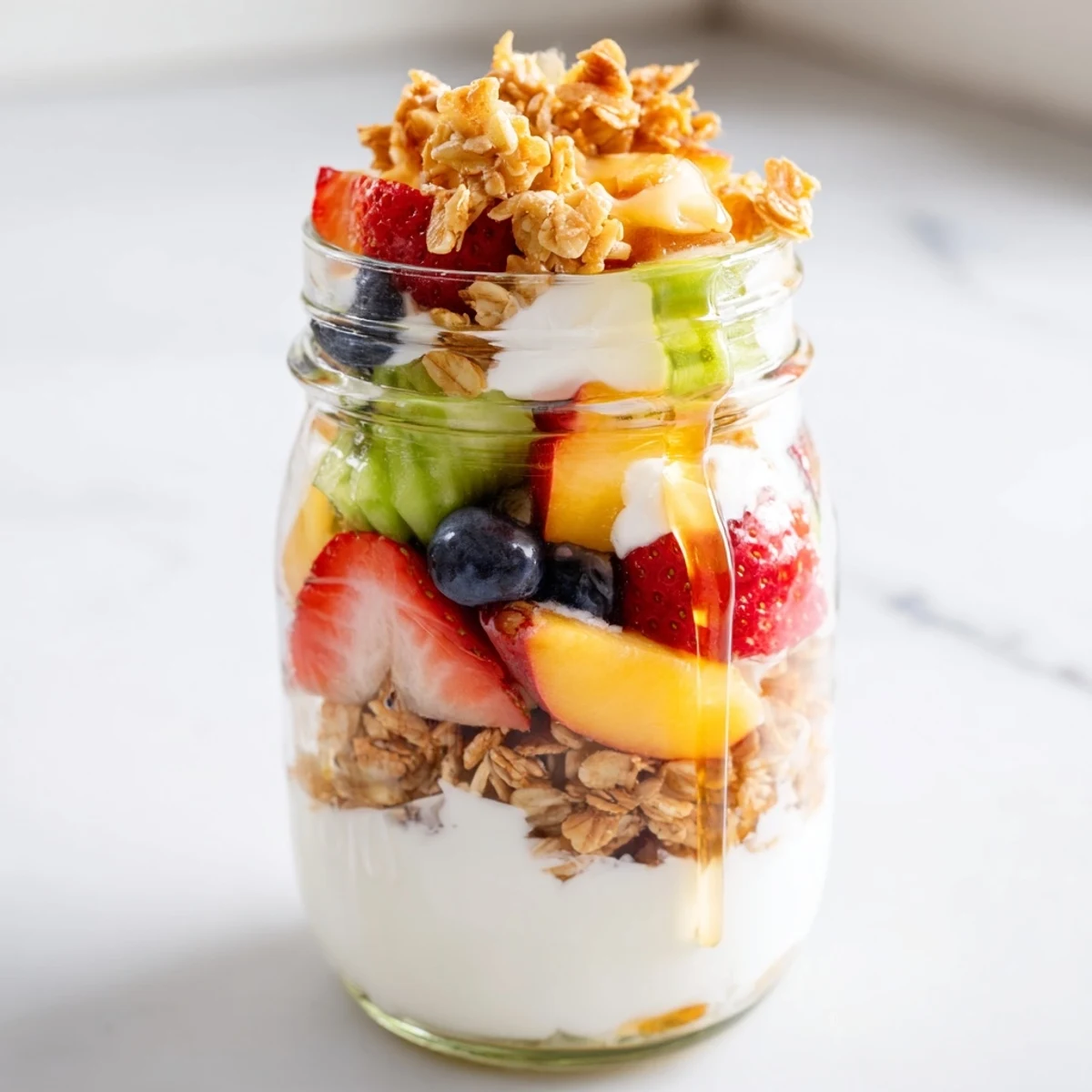Layers of colorful seasonal fruit, granola, & creamy yogurt parfait, a quick healthy breakfast.