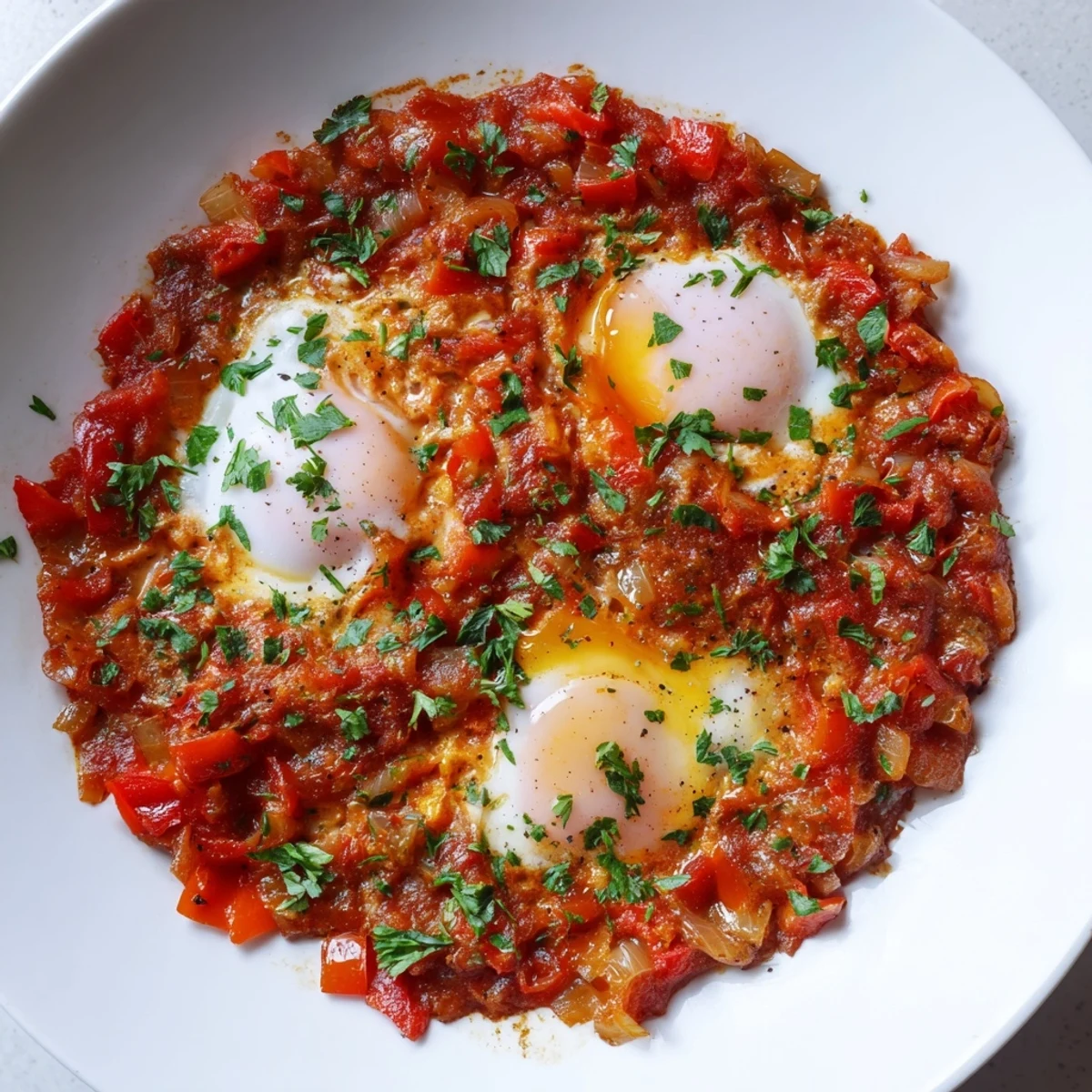 Savory baked eggs in tomato sauce, bubbling hot from the oven, ready to serve with crusty bread.
