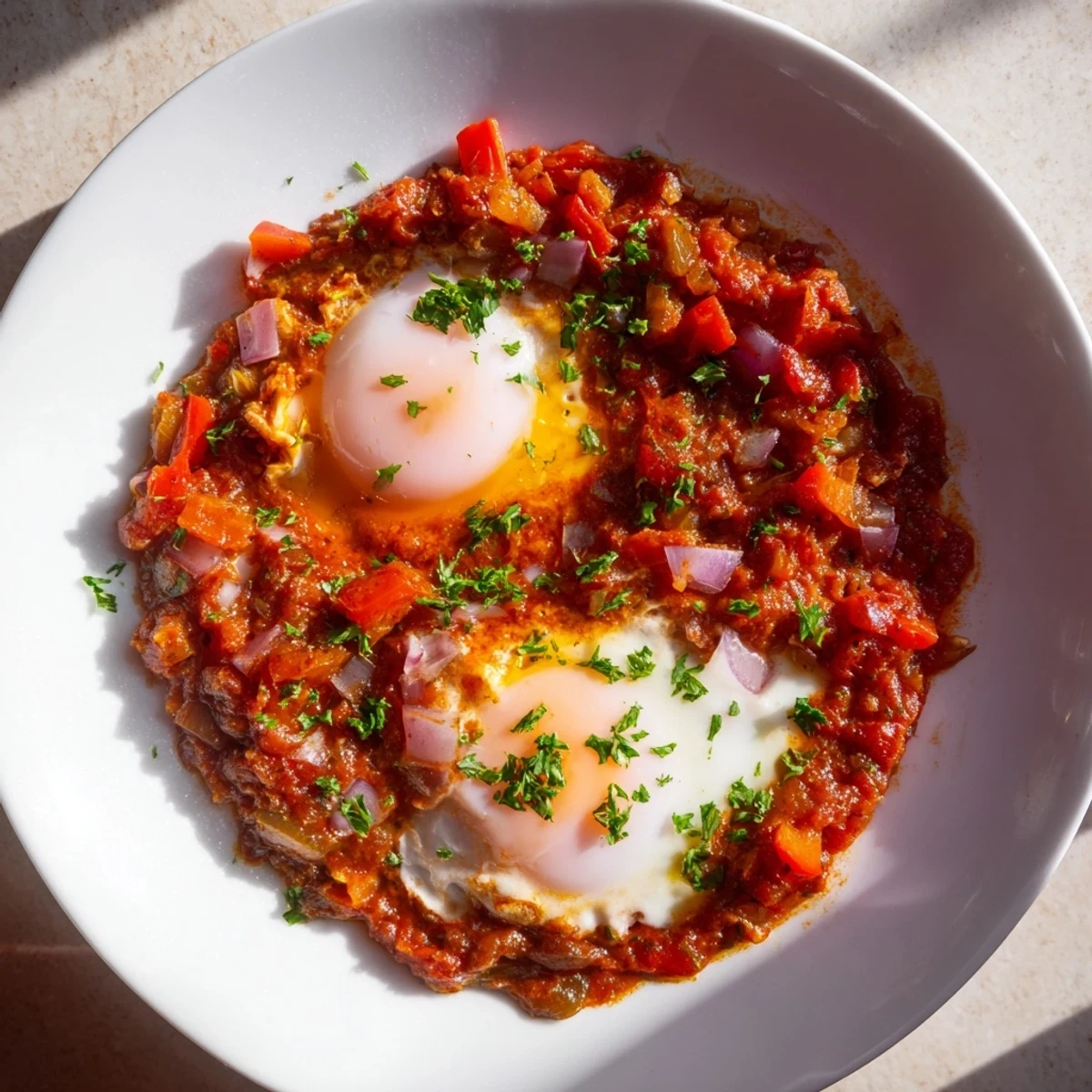 Golden, baked eggs in tomato sauce, a simple Middle Eastern-inspired meal perfect for brunch.