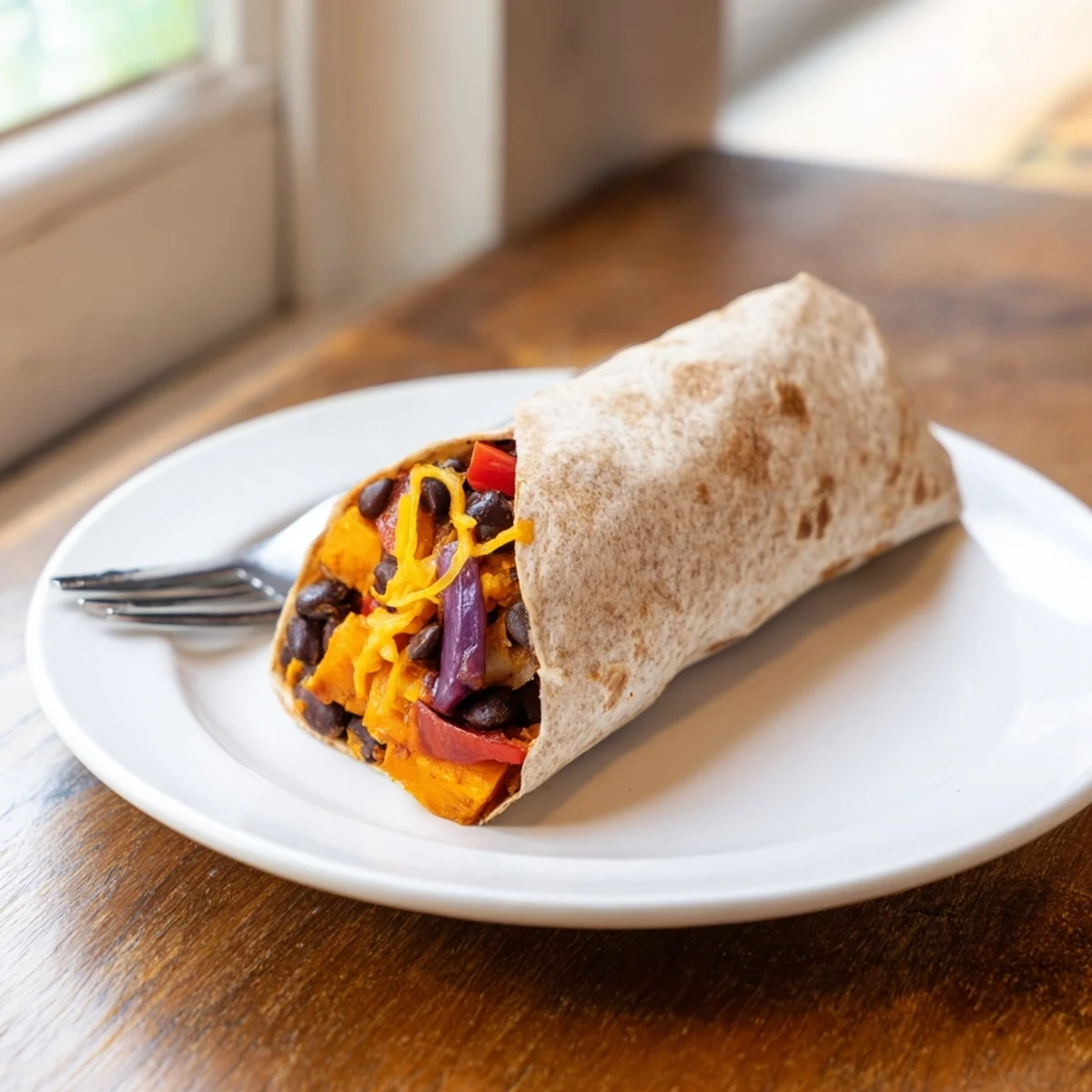 Warm, golden Sweet Potato & Black Bean Breakfast Burrito, loaded with roasted veggies and melted cheese.
