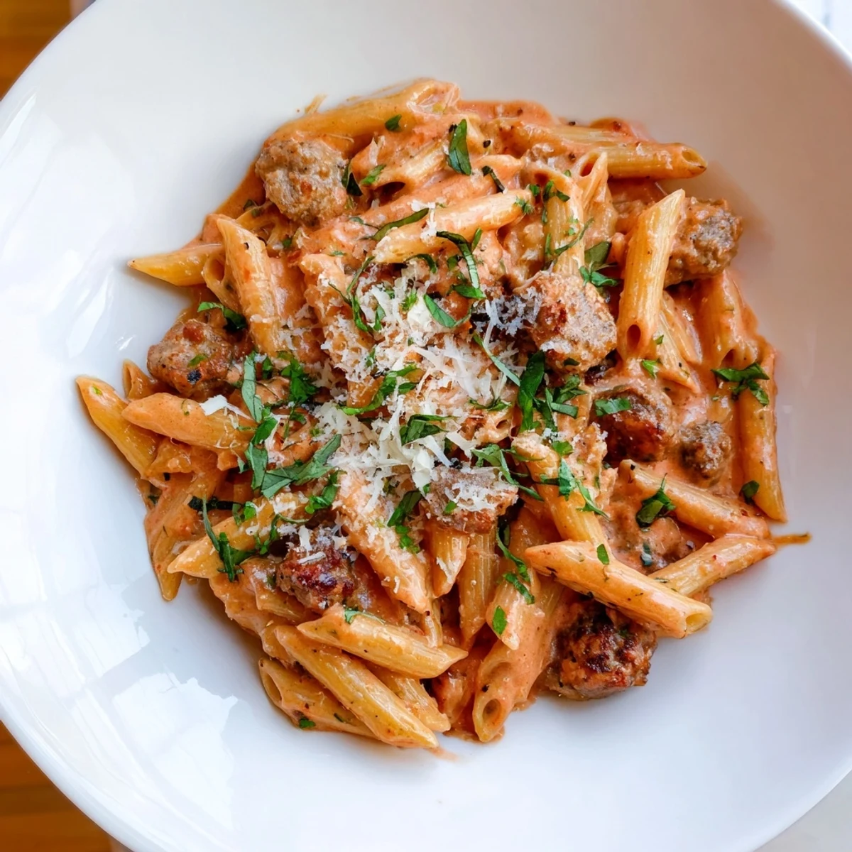 Creamy Tomato and Sausage Pasta: a hearty, vibrant dish with sausage and penne in rich sauce.