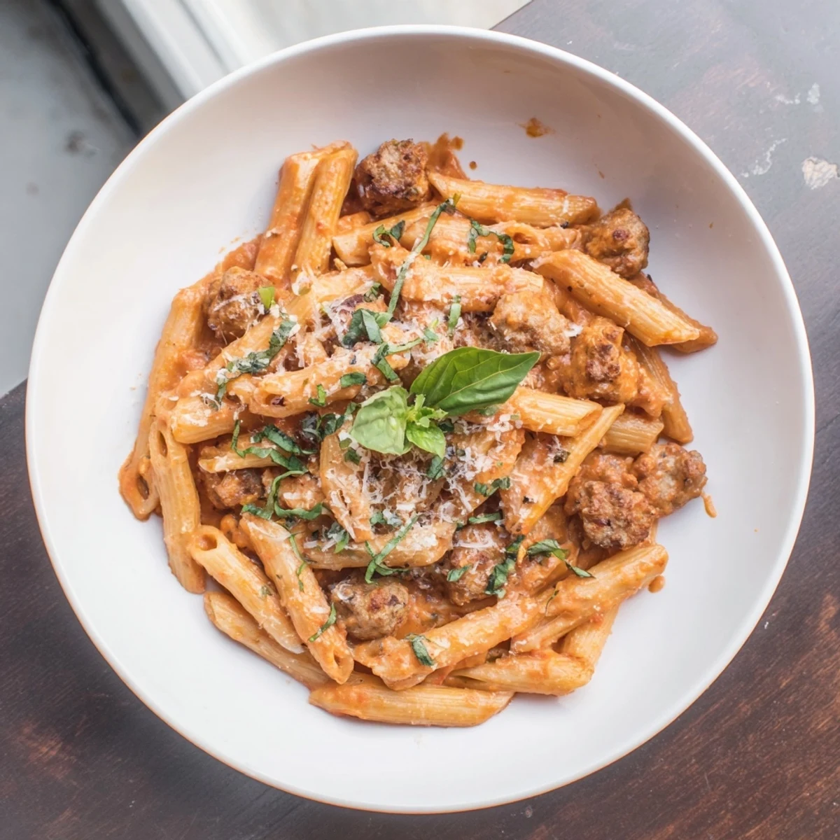 This Creamy Tomato and Sausage Pasta shows al dente penne coated in a luscious, creamy tomato sauce.