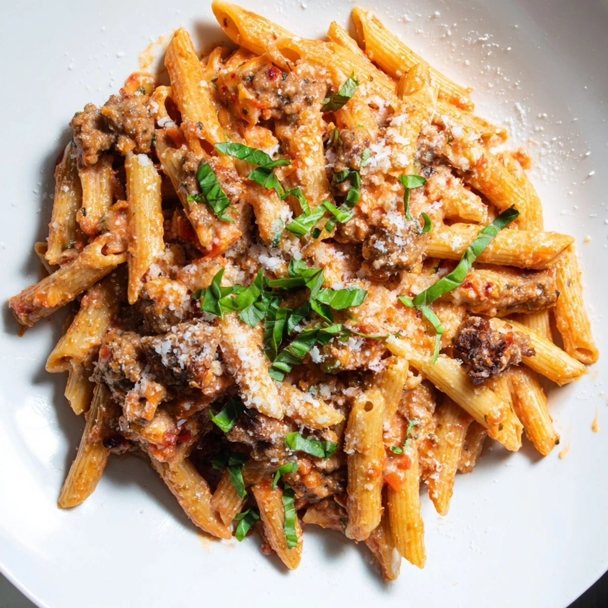 Savor the aroma—a bowl of Creamy Tomato and Sausage Pasta, ready to warm weeknight meals.
