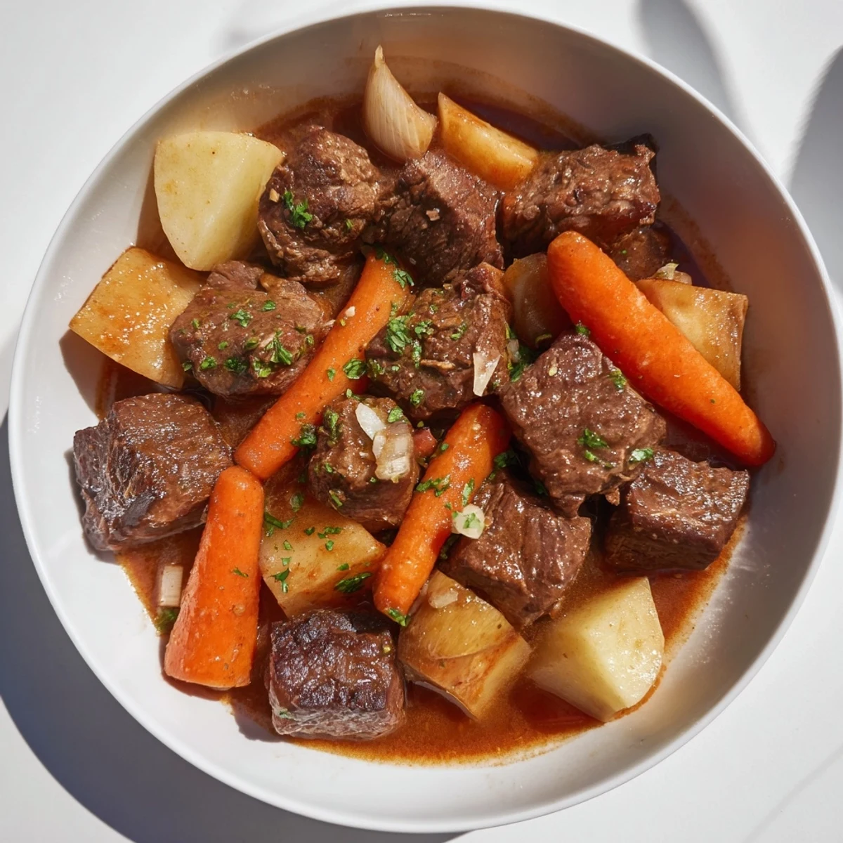 Close-up of hearty Instant Pot beef stew, featuring chunks of beef and comforting root vegetables.