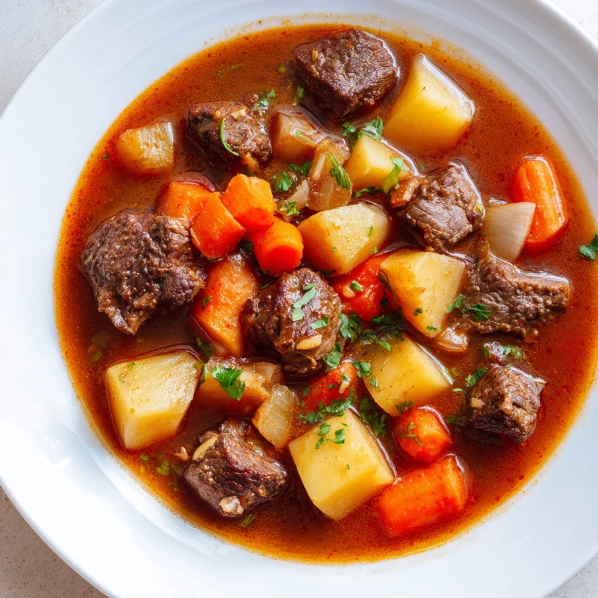 Steaming Instant Pot beef stew, a warm bowl of tender beef and root vegetables.