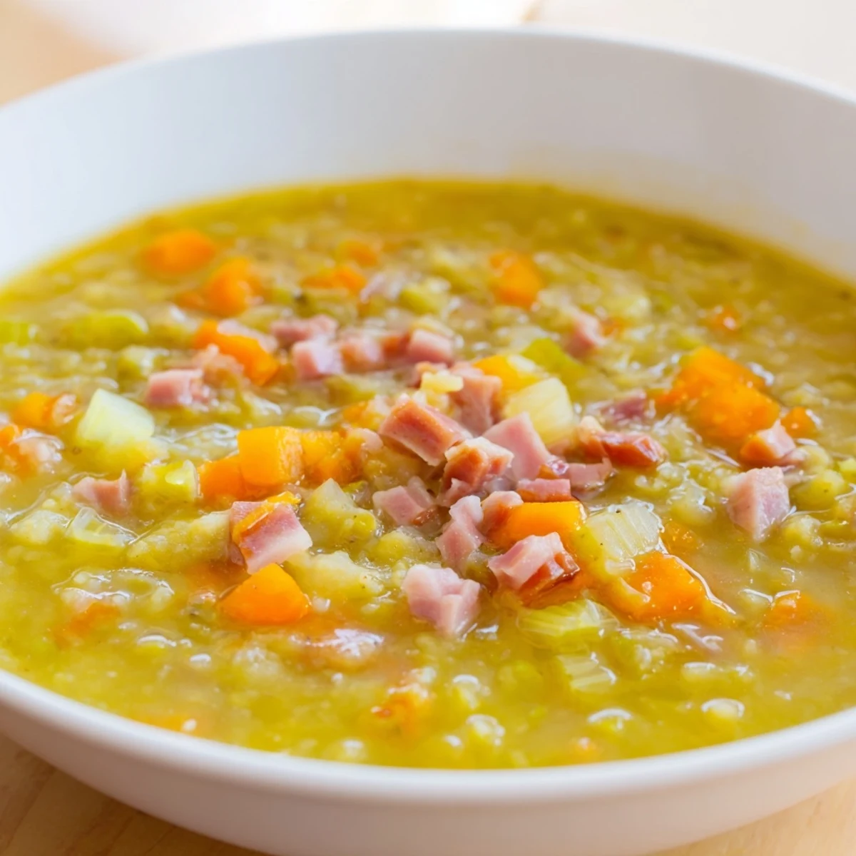 Steaming bowl of Hearty Split Pea and Ham Soup, with chunks of ham and vegetables, ready to serve.