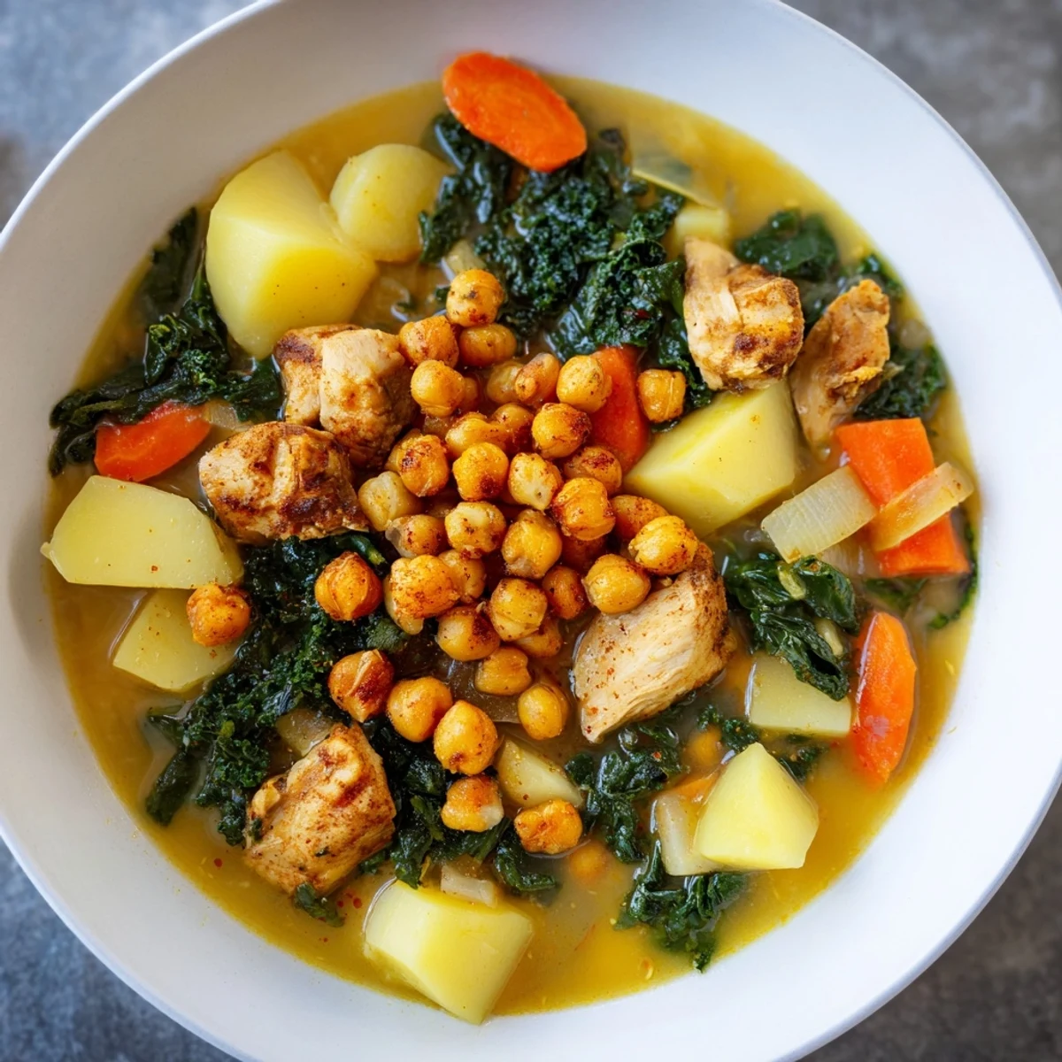 Steaming bowl of Chicken Kale Soup with Crispy Chickpeas, topped with golden, crunchy chickpea croutons.