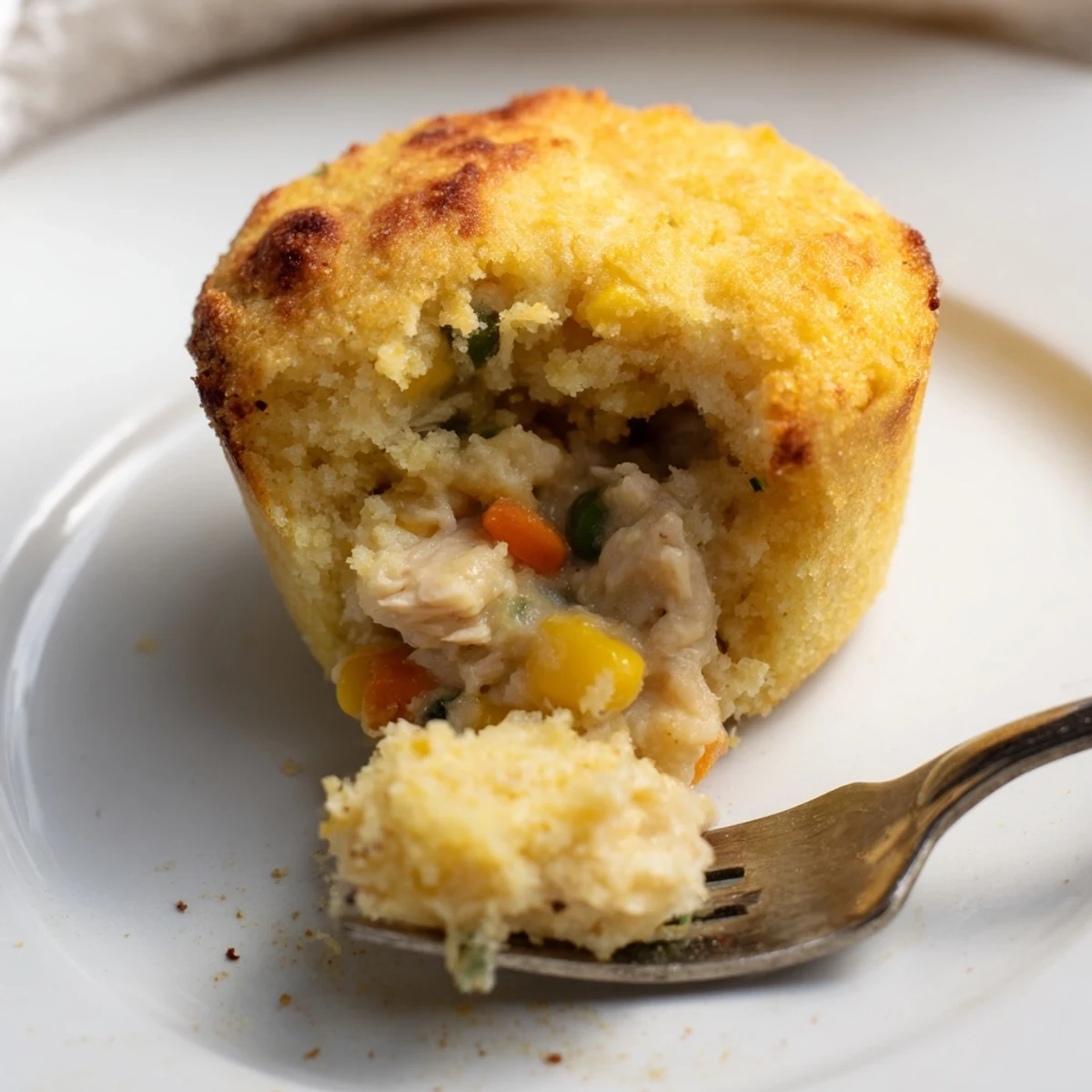 Golden brown Chicken Pot Pie Cornbread Muffins, perfect to enjoy as a savory snack or appetizer.