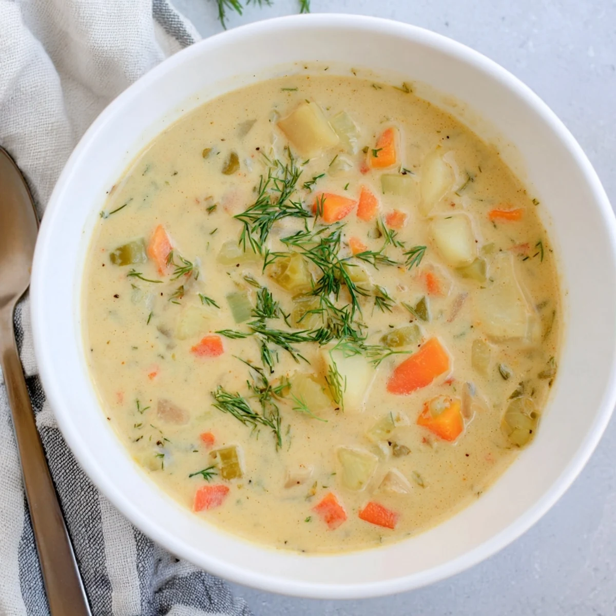 Creamy Dill Pickle Soup: A warm bowl of this soup, speckled with pickle bits and fresh dill.