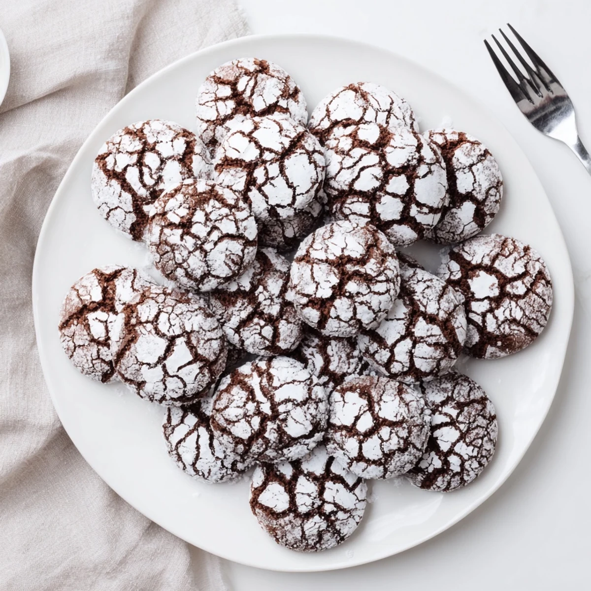 Warm, freshly baked Chocolate Crinkle Cookies with a fudgy interior and perfect crinkles visible.