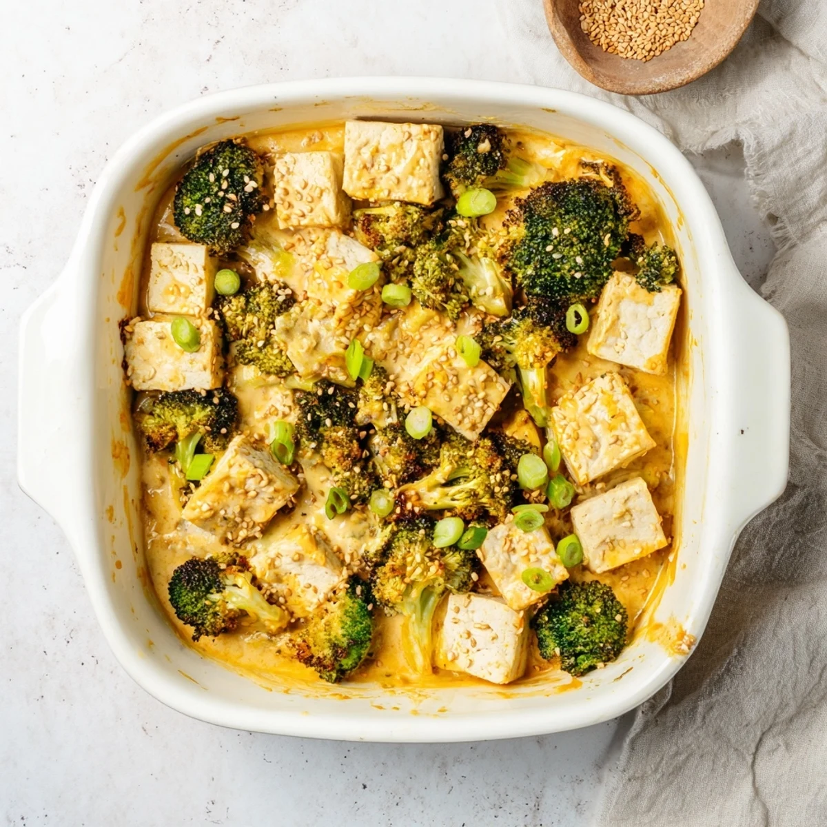 A creamy sauce blankets the vibrant Cheesy Baked Tofu and Broccoli, garnished with sesame seeds and green onions.