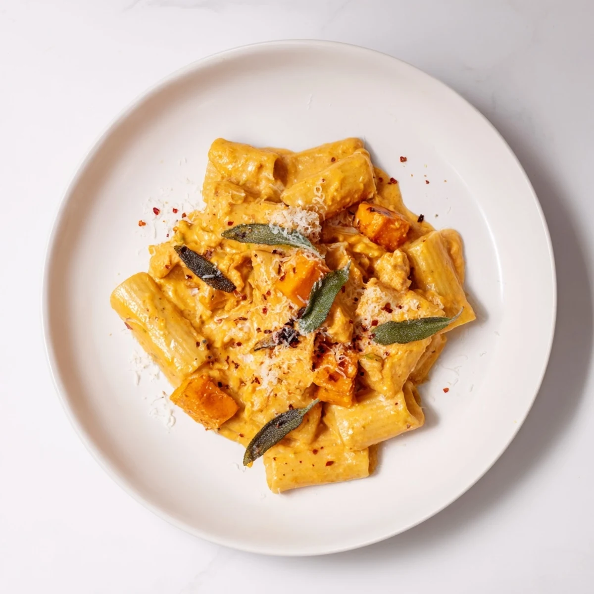 Golden, roasted sweet potatoes, goat cheese, and sage pasta, a comforting vegetarian meal.